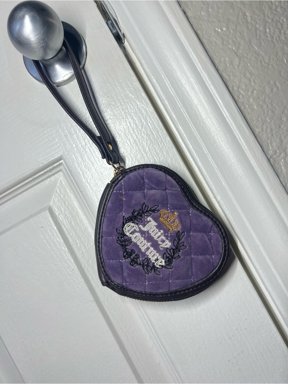 Juicy Couture Purple Quilted Heart Wristlet Pouch with Crown Embroidery